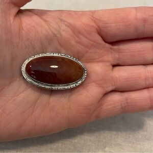 Sterling Silver Cornelian Brooch Pin Oval Stone Safety Hinge